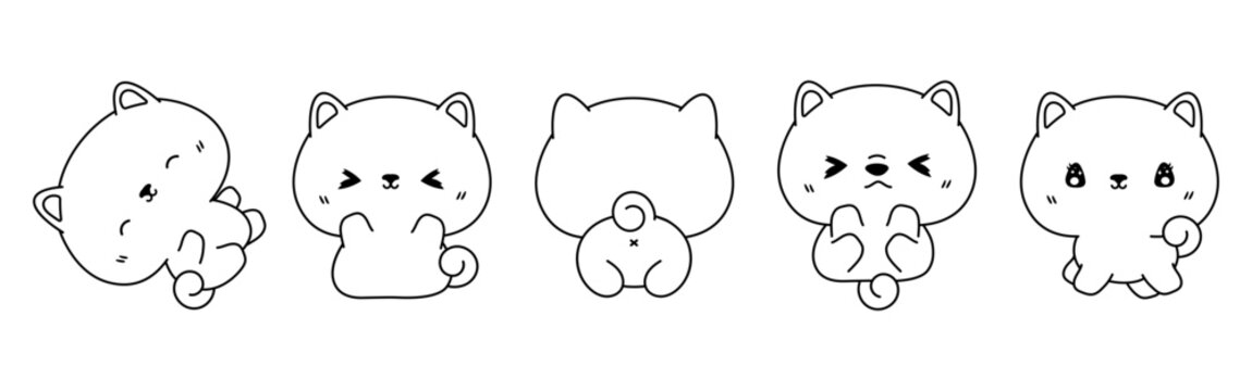 Set of Kawaii Isolated Shiba Inu Dog Coloring Page. Collection of Cute Vector Cartoon Puppy Outline for Stickers, Baby Shower, Coloring Book, Prints for Clothes
