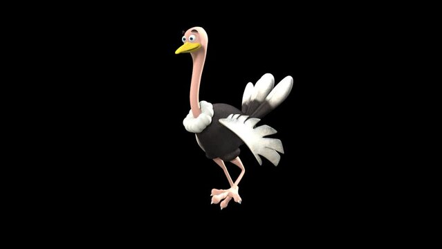 3D Cartoon Animated Ostrich Bird Running in Transparent Background