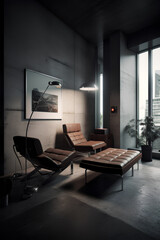 Bauhaus style interior of small cozy living room with brown leather furniture
