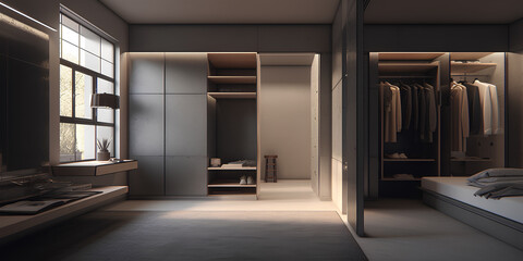 Bauhaus style interior of wardrobe in modern house.