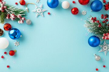 Express your joy with this image idea. Overhead view of vibrant baubles, frosty pine, holly berries, and snowflake decor on a pastel blue surface, ready for your personalized message