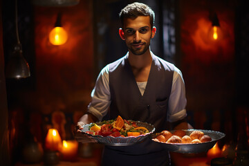 Transport yourself to an alluring Moroccan eatery, where a server holds forth a tray loaded with spiced delicacies, amidst an ambiance of glowing lanterns casting intricate shadows and vibrant textile
