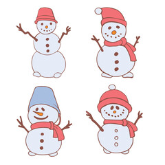 set of hand-drawn snowmen. Christmas decoration. For cards, decoration, and design. Minimalistic flat illustration
