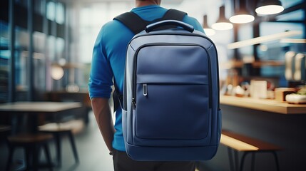 Front see of male understudy wearing dark rucksack holding copybooks and records on blue divider