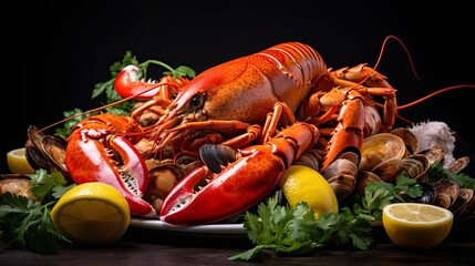 Fish plate with shrimps, mussels, lobsters served with lemon