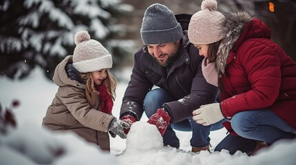 Family making snowman in a stop in winter