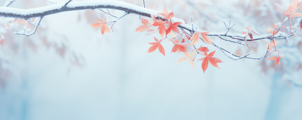 Beautiful frozen branch with orange and yellow maple leaves in the forest. Autumn winter background