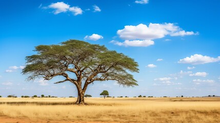 Excellent shot of a tree within the savanna fields with the blue sky - obrazy, fototapety, plakaty