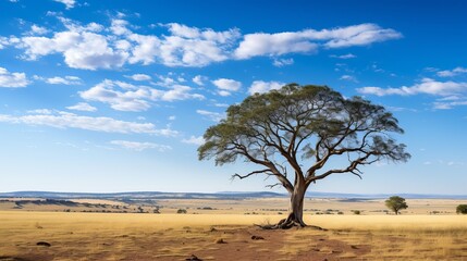 Excellent shot of a tree within the savanna fields with the blue sky
