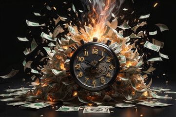 Retirement inflation is burning the value of money, and the concept of the time is a money alarm clock. standard of living against cost of living - obrazy, fototapety, plakaty