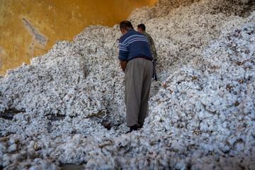 two men working in a cotton industry without a mask with a lot of dust