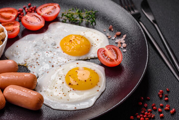 Fried chicken eggs, sausages, cherry tomatoes, chickpeas, spices, salt and herbs