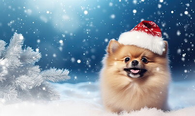 Christmas  pomeranian dog in the snow