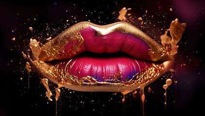 Golden and purple lips with golden droplets and shimmer on a dark background. - obrazy, fototapety, plakaty
