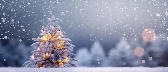 Fototapeta na wymiar Snowy Christmas tree with garland lights on blurred winter background. Festive holiday widescreen backdrop for new year celebration.