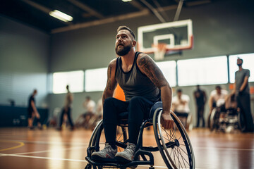 Young man playing a game of wheelchair basketball. - obrazy, fototapety, plakaty