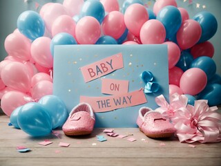 Baby on the way, Gender Reveal Card, Pink and Blue Balloons, Celebration Card, Invitation, Poster