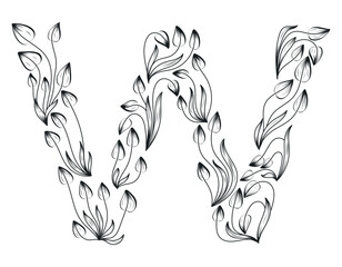 Botanical decorative illustration, doodle twig with leaves. Capital letter W of the Latin alphabet.