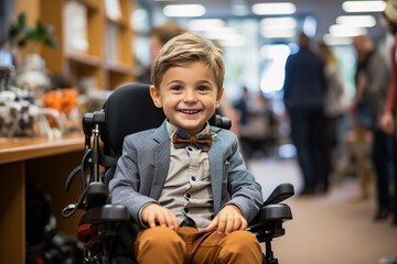 Cheerful child with a disability in a wheelchair in class.