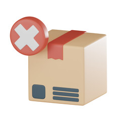 Damaged cardboard package order cross cancel symbol badge logistics inefficiency icon 3D render.