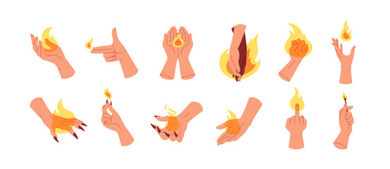 Hands with fire set. Holding burning flame, match, glowing blaze, light energy, evil power. Heat, hot passion, aggression gestures. Concept flat vector illustrations isolated on white background