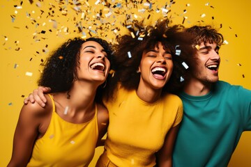 diverse young people dancing at New Year party with confetti flying. Happy smiling friends celebrating a holiday.