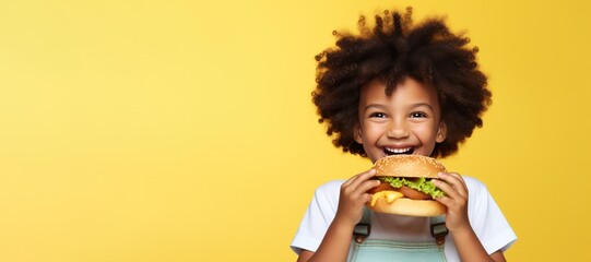 diverse kid eating a vegan burger on yellow background. Restaurant, food delivery website banner copy space left. - Powered by Adobe