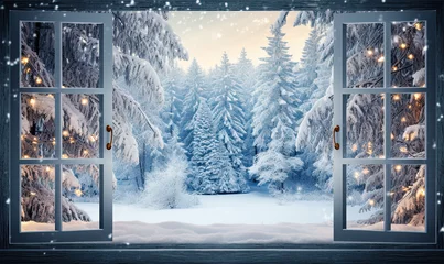 Foto op Aluminium snow covered window, beautiful landscape winter view out of a window  © reddish
