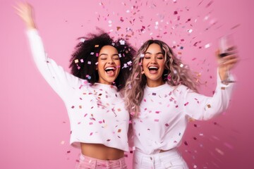 diverse young women dancing at New Year party with confetti flying. Happy female smiling friends celebrating a holiday.