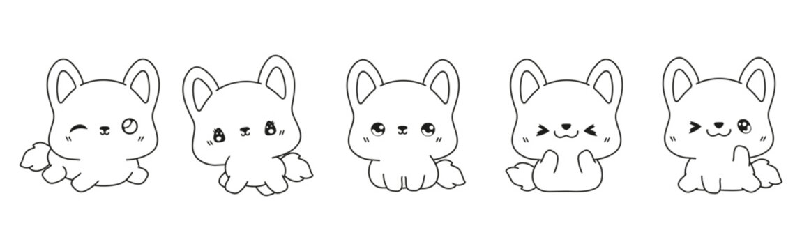 Collection of Vector Cartoon Corgi Puppy Coloring Page. Set of Kawaii Isolated Dog Outline for Stickers, Baby Shower, Coloring Book, Prints for Clothes