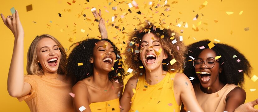 four diverse young women dancing at New Year party with confetti flying. Happy female smiling friends celebrating a holiday.