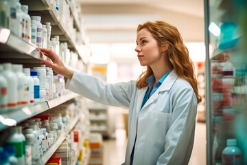 Photo of a professional pharmacist checking stock in an aisle of a local drugstore. - Powered by Adobe