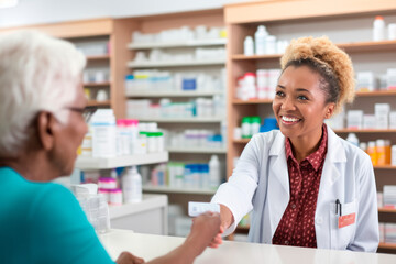 Elderly lady buys medication in the pharmacy - obrazy, fototapety, plakaty