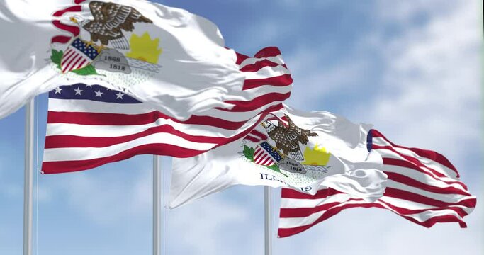 Illinois state flags waving with American national flags on a clear day