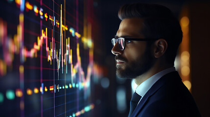 A man is pensively looking at a stock chart on a large screen. Dark background. - obrazy, fototapety, plakaty