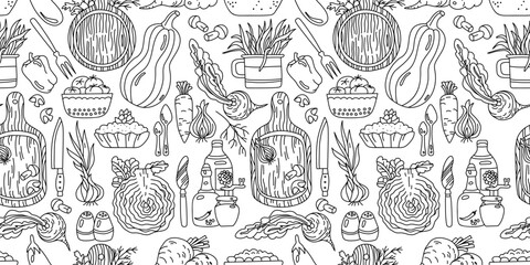 Seamless pattern with vegetables and kitchen utensils. Vector illustration on transparent background