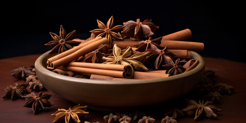 anise and cinnamon sticks,Traditional spices anise, star anise. Ingredients for cooking many dishes. Spices and herbs for cooking