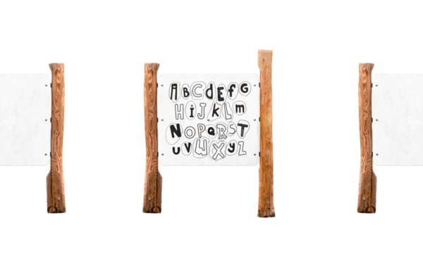 Cut out wooden outdoor children's self development board. Write alphabet on white chalkboard.