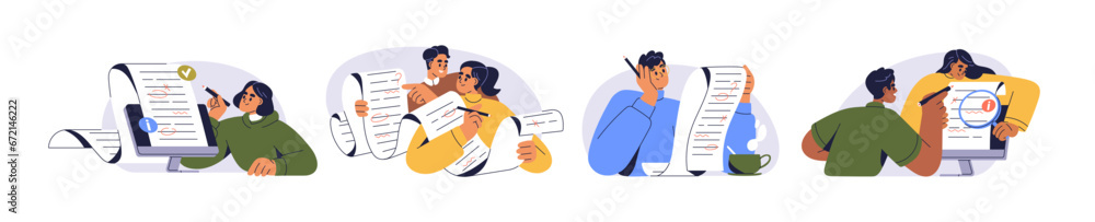Aufkleber Editors checking texts, correcting grammar mistakes. Editing documents, writing and spelling errors, proofreading, reviewing essays. Flat graphic vector illustrations isolated on white background