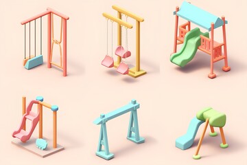 パステルカラーの遊具のセット（アイソメトリック）