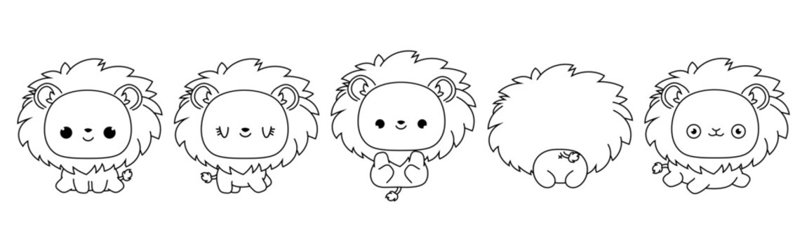 Set of Vector Cartoon Baby Animal Coloring Page. Collection of Kawaii Isolated Baby Lion Outline for Stickers, Baby Shower, Coloring Book, Prints for Clothes