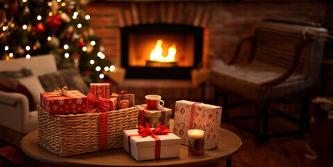 Cozy warm room in Christmas eve with  presents on table