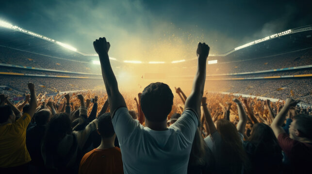 Nighttime Victory Roar: Back View of Euphoric Soccer Fans Cheering in a Packed Stadium.