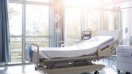 Empty hospital bed in a sunny modern clinical recovering room. Patient room background, insurance concept. Generative AI