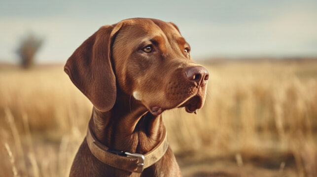 Autumn Alertness: Close-Up of a Purebred Hunting Dog with Leather Collar in the Fall Field.