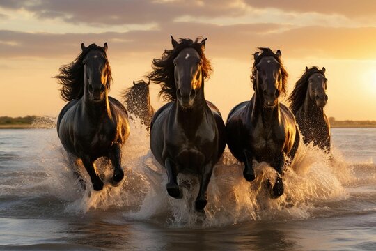 AI generated illustration of a herd of black horses running in the sea at sunset