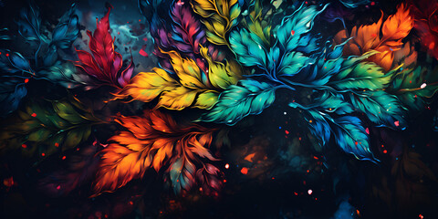 Bright Colored Leaves And Petals With Wings Background  ,Abstract bright color background Generative Ai