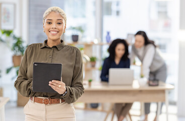 Tablet, office portrait and black woman with online research, business leadership and startup...