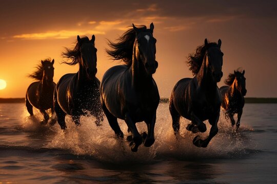 AI generated illustration of a herd of black horses running in the sea at sunset