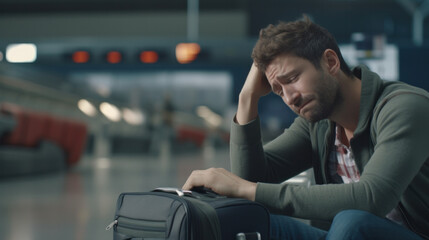 Traveler's Woe: Disheartened Man Facing a Missed or Cancelled Flight at the Airport Terminal. - obrazy, fototapety, plakaty